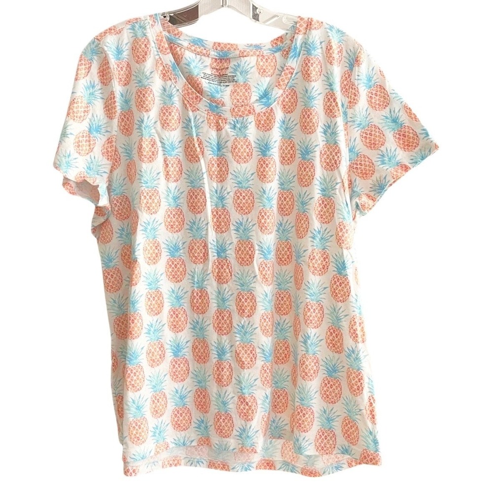 Sleep Sense Women's L Large Sleep PJ Top Short Sleeve Scoop Neck Pineapples Teal - Picture 9 of 10
